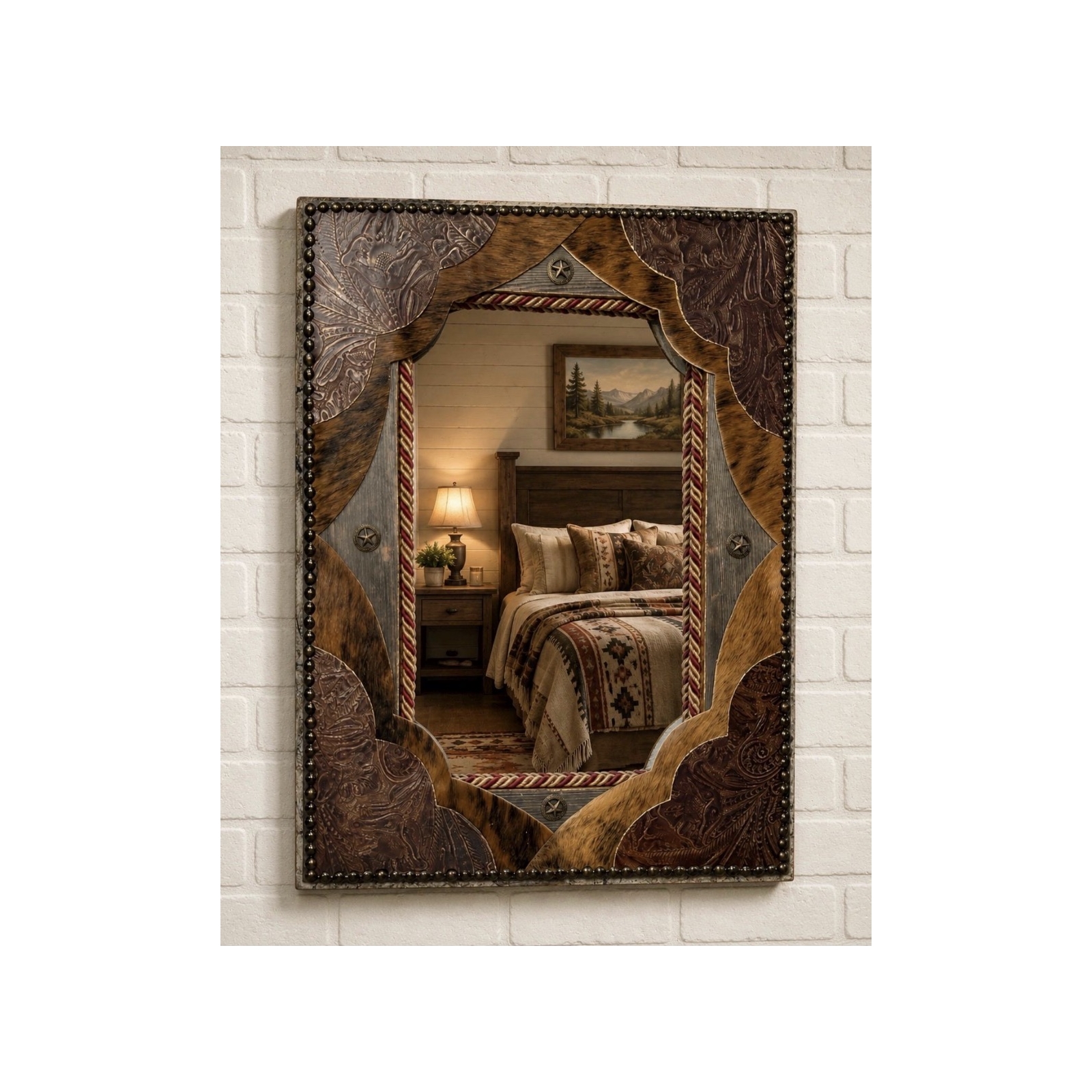 Tooled Leather & Cowhide Western Wall Mirror